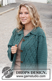 Teal Crossover / DROPS 227-30 - Hæklet jakke i DROPS Merino Extra Fine. Arbejdet hækles med snoninger, reliefmønster og krave. Størrelse S - XXXL.