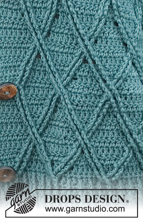 Teal Crossover / DROPS 227-30 - Hæklet jakke i DROPS Merino Extra Fine. Arbejdet hækles med snoninger, reliefmønster og krave. Størrelse S - XXXL.
