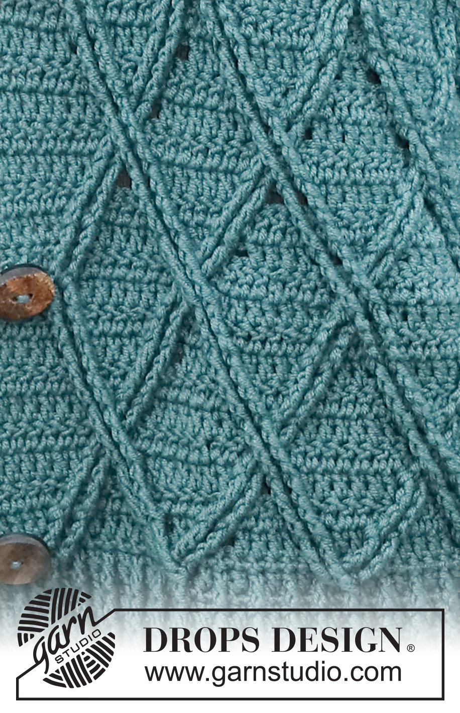 Teal Crossover / DROPS 227-30 - Hæklet jakke i DROPS Merino Extra Fine. Arbejdet hækles med snoninger, reliefmønster og krave. Størrelse S - XXXL.