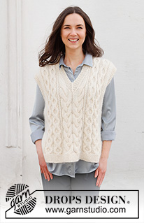 Icy Waves / DROPS 227-37 - Strikket vest / slipover i DROPS Puna og DROPS Kid-Silk. Arbeidet strikkes med fletter, V-hals og splitt i sidene. Størrelse S - XXXL.