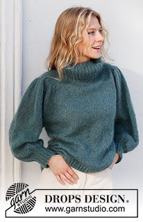 Falling Water Sweater / DROPS 227-39 - Stickad tröja i 2 trådar DROPS Kid-Silk. Arbetet stickas uppifrån och ner med sadelaxel, puffärmar och hög krage. Storlek S - XXXL.