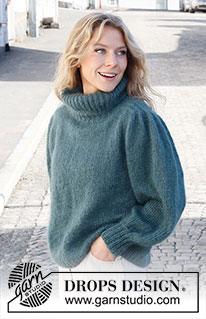 Falling Water Sweater / DROPS 227-39 - Stickad tröja i 2 trådar DROPS Kid-Silk. Arbetet stickas uppifrån och ner med sadelaxel, puffärmar och hög krage. Storlek S - XXXL.