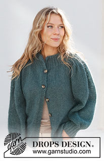 Falling Water / DROPS 227-40 - Strikket jakke i 2 tråde DROPS Kid-Silk. Arbejdet strikkes oppefra og ned med sadelskulder, pufærmer og høj hals. Størrelse S - XXXL.