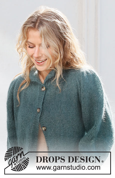 Falling Water / DROPS 227-40 - Strikket jakke i 2 tråde DROPS Kid-Silk. Arbejdet strikkes oppefra og ned med sadelskulder, pufærmer og høj hals. Størrelse S - XXXL.