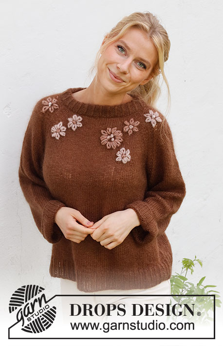 Fall Bouquet / DROPS 227-48 - Stickad tröja i 1 tråd DROPS Brushed Alpaca Silk eller 2 trådar DROPS Kid-Silk. Arbetet stickas uppifrån och ner med raglan, broderade blommor och franska knutar. Storlek S - XXXL.