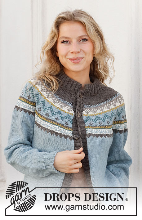 Edge of the Woods / DROPS 227-51 - Knitted jacket in DROPS Merino Extra Fine. Piece is knitted top down with double neck edge, round yoke and Nordic pattern. Size: S - XXXL