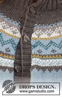 Edge of the Woods / DROPS 227-51 - Knitted jacket in DROPS Merino Extra Fine. Piece is knitted top down with double neck edge, round yoke and Nordic pattern. Size: S - XXXL