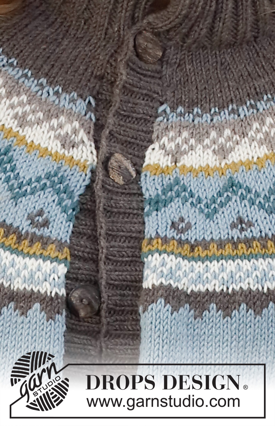 Edge of the Woods / DROPS 227-51 - Knitted jacket in DROPS Merino Extra Fine. Piece is knitted top down with double neck edge, round yoke and Nordic pattern. Size: S - XXXL