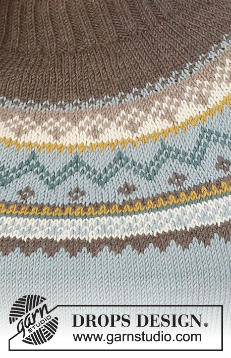Edge of the Woods Sweater / DROPS 227-52 - Knitted jumper in DROPS Merino Extra Fine. Piece is knitted top down with round yoke and Nordic pattern. Size: S - XXXL