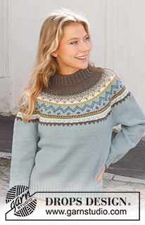 Edge of the Woods Sweater / DROPS 227-52 - Knitted jumper in DROPS Merino Extra Fine. Piece is knitted top down with round yoke and Nordic pattern. Size: S - XXXL