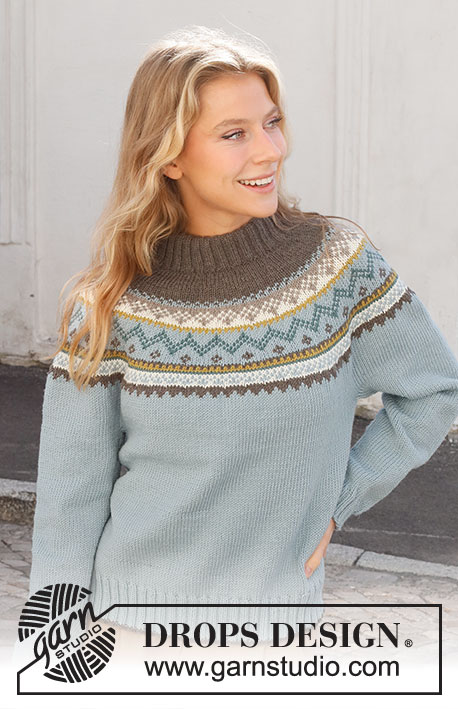 Edge of the Woods Sweater / DROPS 227-52 - Knitted jumper in DROPS Merino Extra Fine. Piece is knitted top down with round yoke and Nordic pattern. Size: S - XXXL