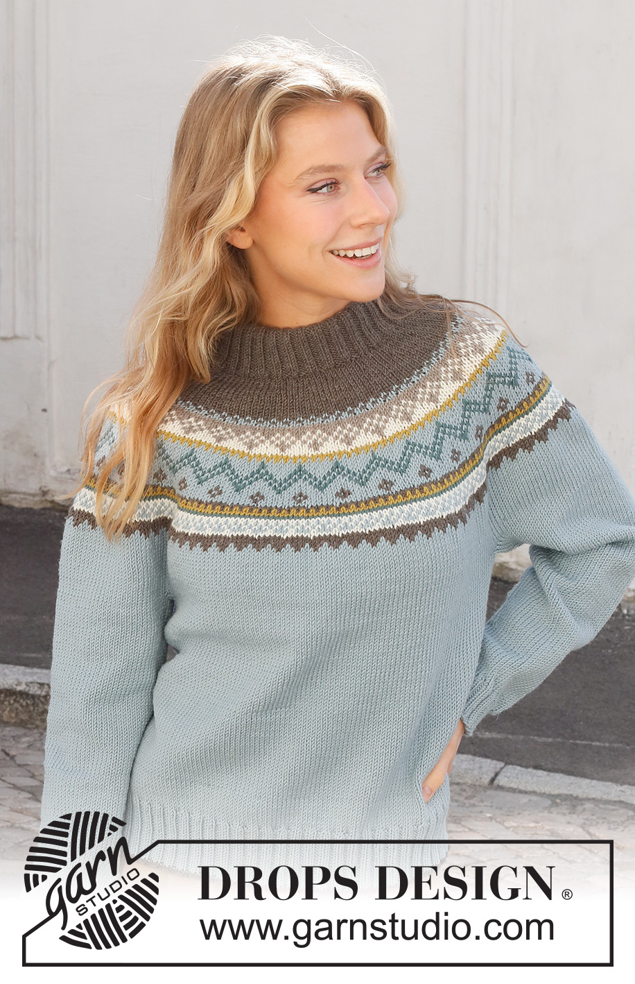 Edge of the Woods Sweater / DROPS 227-52 - Knitted jumper in DROPS Merino Extra Fine. Piece is knitted top down with round yoke and Nordic pattern. Size: S - XXXL