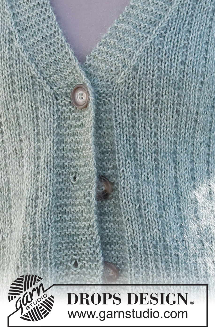 Wild Mint Tea Jacket / DROPS 227-6 - Strikket jakke i DROPS BabyAlpaca Silk og DROPS Kid-Silk. Arbejdet strikkes i strukturmønster med v-hals. Størrelse S - XXXL.