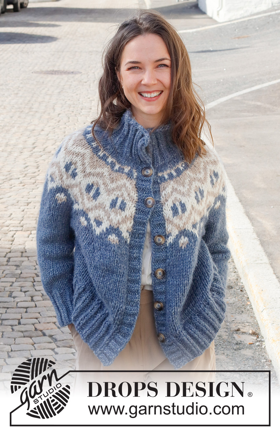 North Gate / DROPS 228-13 - Knitted jacket in DROPS Wish. Piece is knitted top down with round yoke, multi-coloured pattern and high collar. Size: S - XXXL