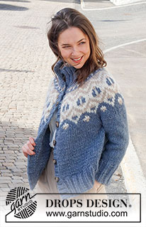 North Gate / DROPS 228-13 - Knitted jacket in DROPS Wish. Piece is knitted top down with round yoke, multi-coloured pattern and high collar. Size: S - XXXL