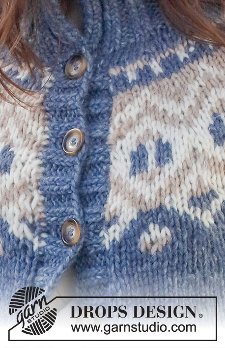 North Gate / DROPS 228-13 - Knitted jacket in DROPS Wish. Piece is knitted top down with round yoke, multi-coloured pattern and high collar. Size: S - XXXL
