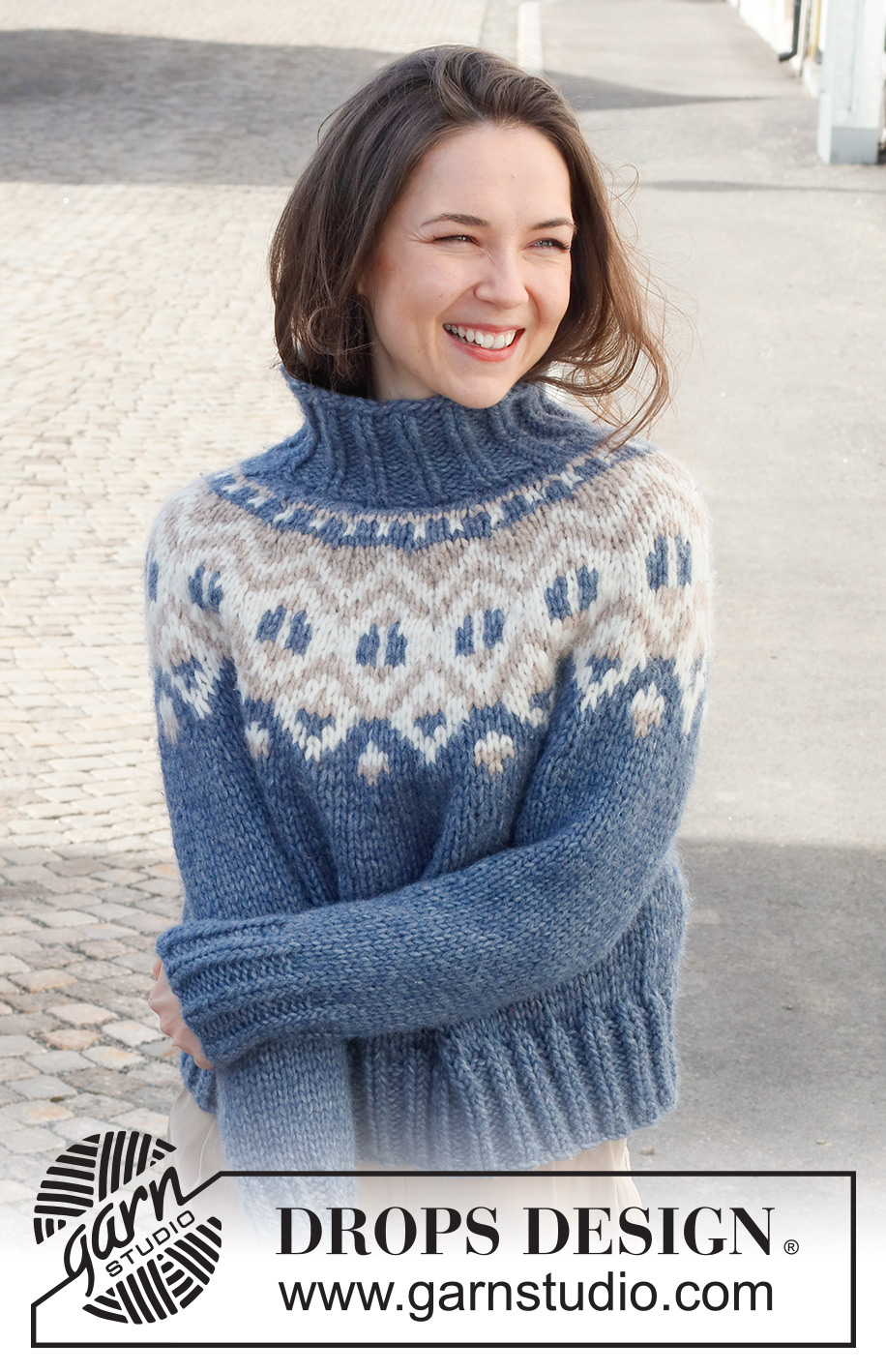 North Gate Sweater / DROPS 228-14 - Gebreide trui in DROPS Wish. Het werk wordt van boven naar beneden gebreid met ronde pas, veelkleurig patroon en hoge col. Maat: S - XXXL