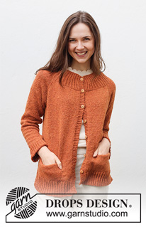 Warm Orange / DROPS 228-17 - Strikket jakke i DROPS Soft Tweed. Arbejdet strikkes oppefra og ned med raglan, kanter i rib, slids i siderne og lommer. Størrelse XS - XXL.