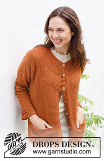 Warm Orange / DROPS 228-17 - Strikket jakke i DROPS Soft Tweed. Arbejdet strikkes oppefra og ned med raglan, kanter i rib, slids i siderne og lommer. Størrelse XS - XXL.