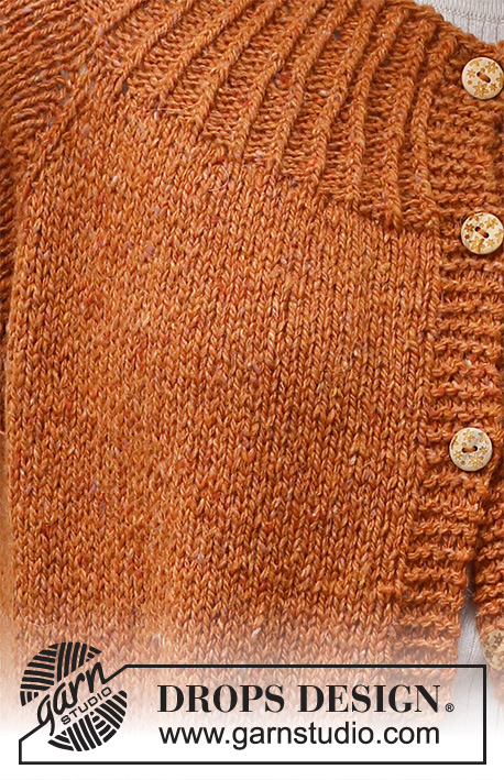 Warm Orange / DROPS 228-17 - Strikket jakke i DROPS Soft Tweed. Arbejdet strikkes oppefra og ned med raglan, kanter i rib, slids i siderne og lommer. Størrelse XS - XXL.