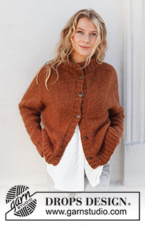 Toffee Apple Jacket / DROPS 228-25 - Strikket jakke i DROPS Sky og DROPS Kid-Silk. Arbeidet strikkes med sadelskulder, dobbel halskant, splitt i sidene og kanter i vrangbord. Størrelse S - XXXL.