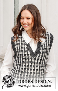 School Run / DROPS 228-35 - Knitted vest in DROPS Alaska. Piece is knitted with pepita pattern, V-neck and edges in rib. Size: S - XXXL