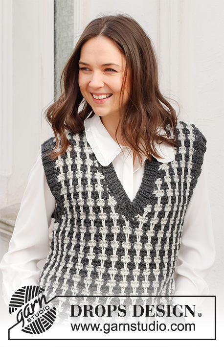School Run / DROPS 228-35 - Knitted vest in DROPS Alaska. Piece is knitted with pepita pattern, V-neck and edges in rib. Size: S - XXXL
