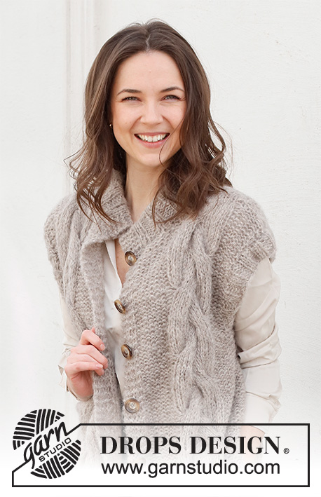 Evening Fires Vest / DROPS 228-38 - Vesta s copánky pletená 2 vlákny z příze DROPS Brushed Alpaca Silk nebo 1 vláknem DROPS Wish. Velikost: S - XXXL.