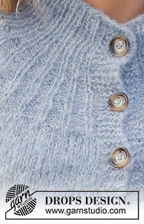 Rhythmic Rain Jacket / DROPS 228-41 - Ylhäältä alas neulottu jakku DROPS Melody-langasta. Työssä on kaarroke, joustinneuleiset reunukset ja sivuhalkiot. Koot S-XXXL.