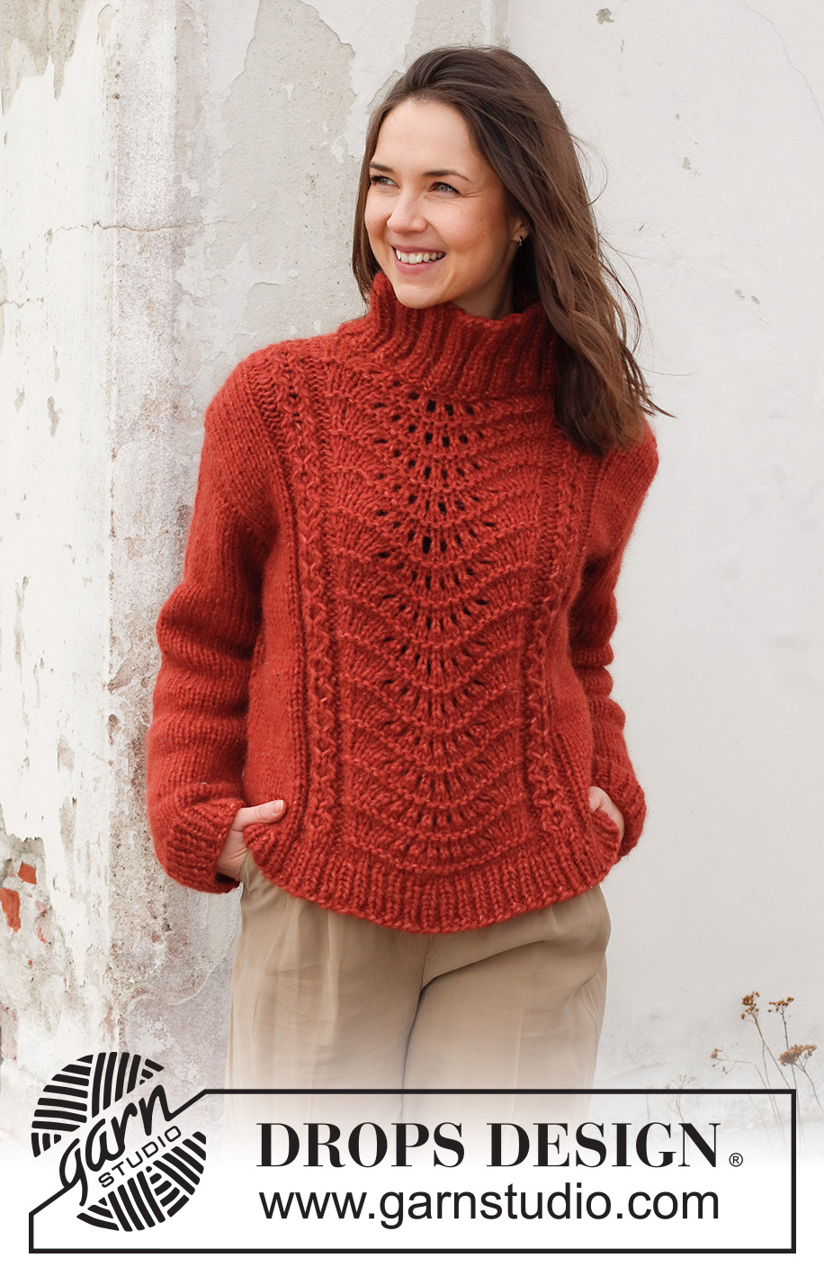 Fall Waves / DROPS 228-43 - Knitted jumper in DROPS Wish. Piece is knitted top down with lace pattern, small cables and high collar. Size: S - XXXL