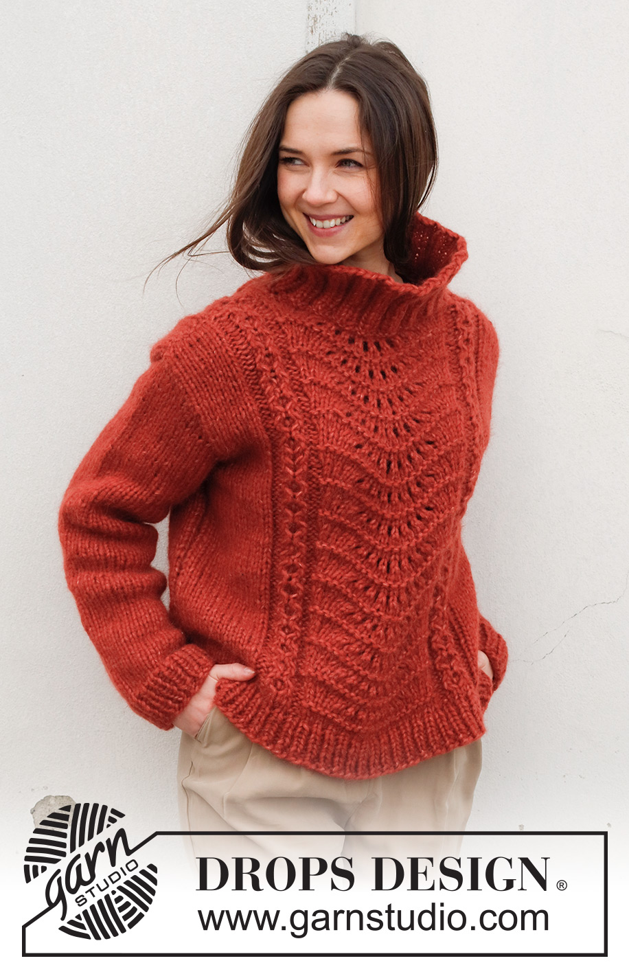 Fall Waves / DROPS 228-43 - Knitted jumper in DROPS Wish. Piece is knitted top down with lace pattern, small cables and high collar. Size: S - XXXL