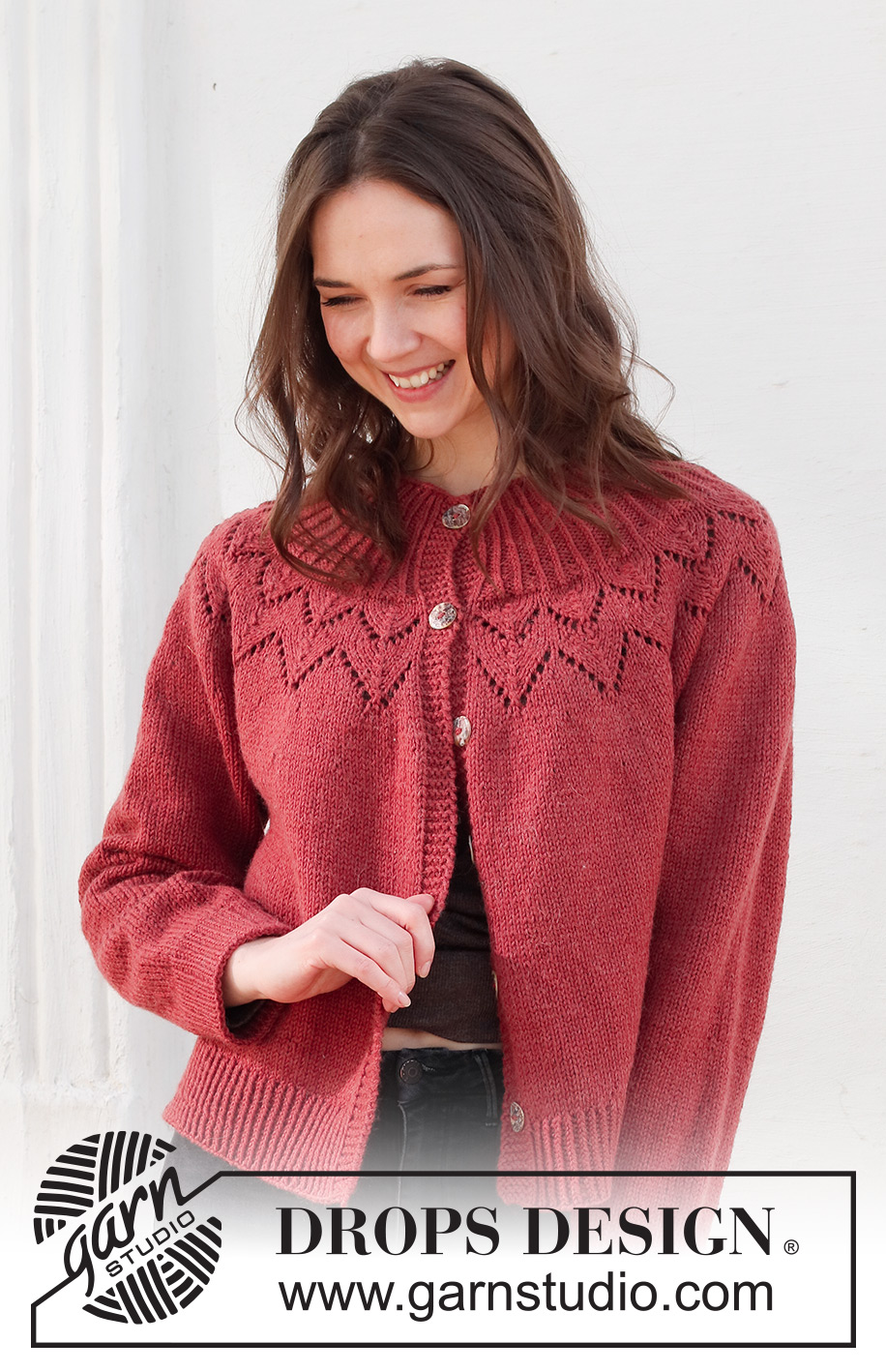 December Bloom Jacket / DROPS 228-45 - Knitted jacket in DROPS Lima or DROPS Karisma. The piece is worked top down, with round yoke, lace pattern, ribbed edges and split in the sides. Sizes S - XXXL.
