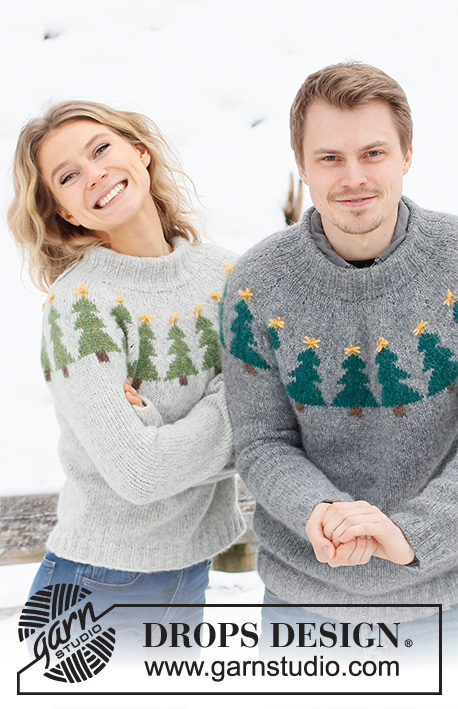 Merry Trees / DROPS 228-47 - Gebreide trui / kersttrui in DROPS Air. Het werk wordt van boven naar beneden gebreid, met ronde pas en kerstboompatroon. Maat XS – XXL. Thema: Kerst.