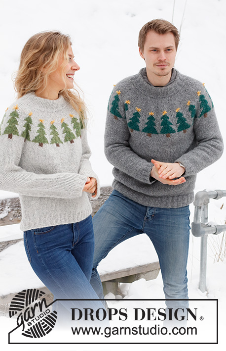 Merry Trees / DROPS 228-47 - Gebreide trui / kersttrui in DROPS Air. Het werk wordt van boven naar beneden gebreid, met ronde pas en kerstboompatroon. Maat XS – XXL. Thema: Kerst.