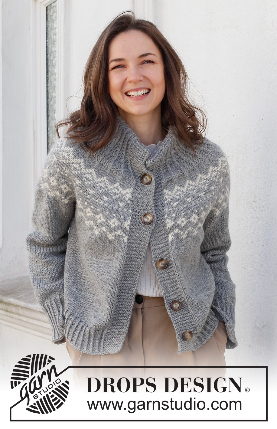 Atlanterhavsveien Jacket / DROPS 228-9 - Knitted jacket in DROPS Nepal. Piece is knitted top down with double neck edge, round yoke, Nordic pattern on yoke and edges in rib. Size: S - XXXL