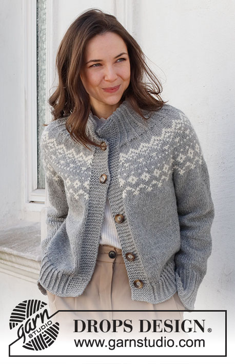 Atlanterhavsveien Jacket / DROPS 228-9 - Knitted jacket in DROPS Nepal. Piece is knitted top down with double neck edge, round yoke, Nordic pattern on yoke and edges in rib. Size: S - XXXL