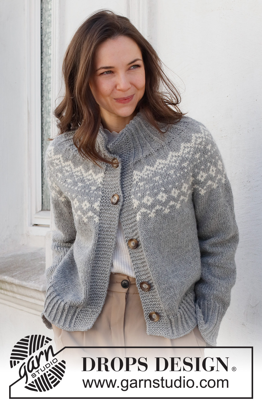 Atlanterhavsveien Jacket / DROPS 228-9 - Knitted jacket in DROPS Nepal. Piece is knitted top down with double neck edge, round yoke, Nordic pattern on yoke and edges in rib. Size: S - XXXL