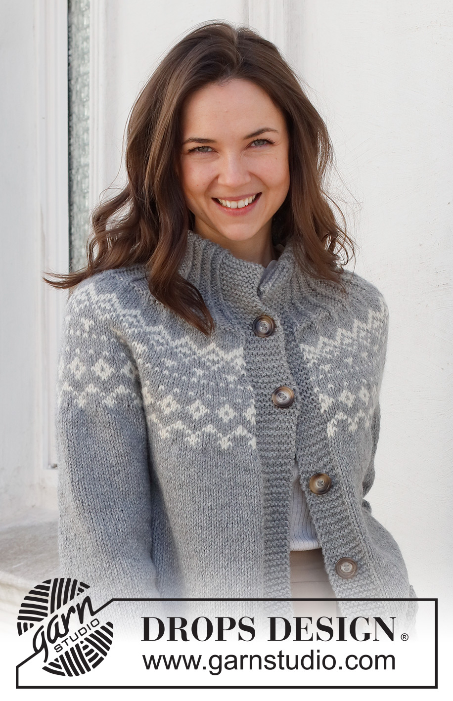 Atlanterhavsveien Jacket / DROPS 228-9 - Knitted jacket in DROPS Nepal. Piece is knitted top down with double neck edge, round yoke, Nordic pattern on yoke and edges in rib. Size: S - XXXL