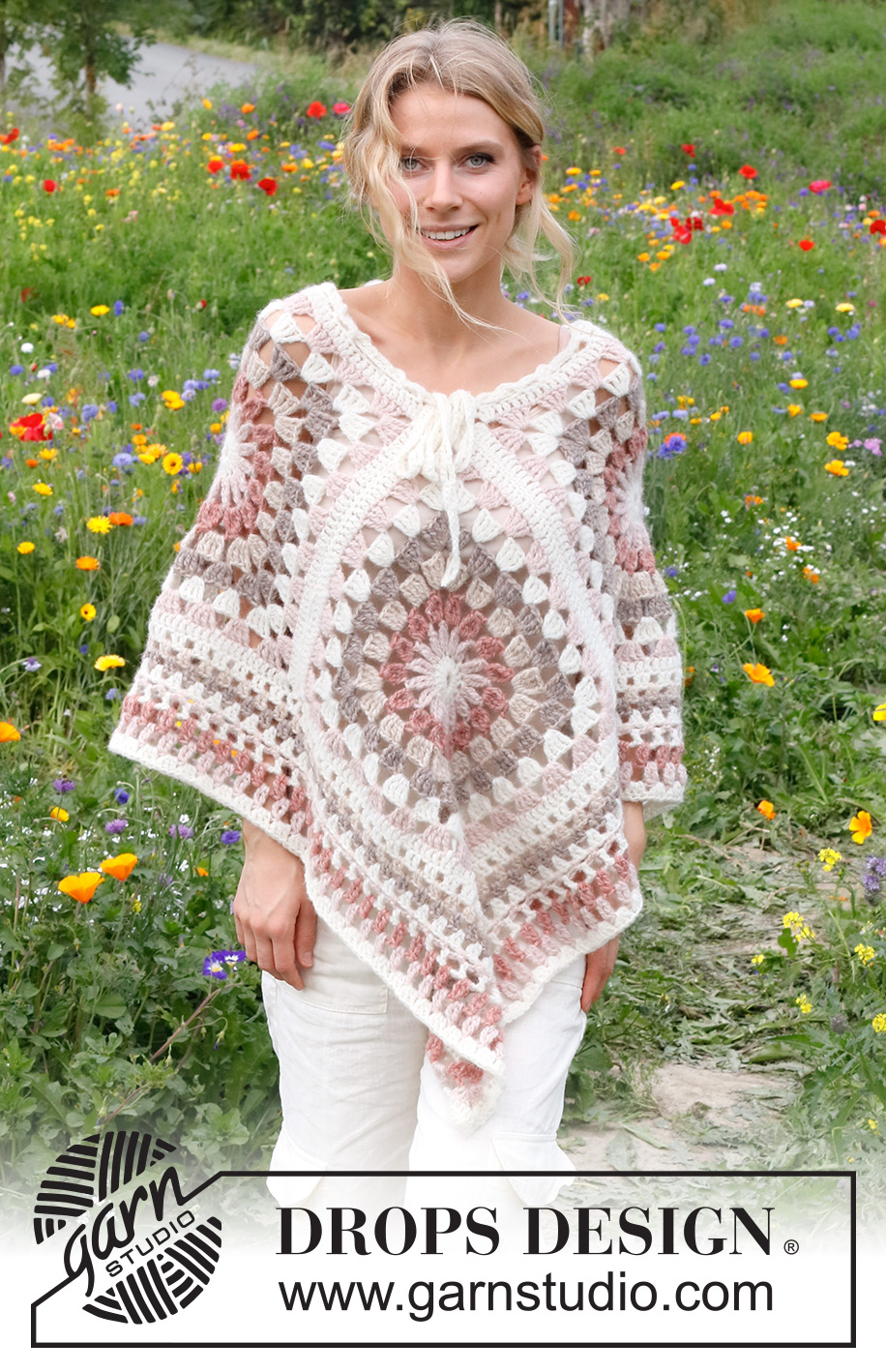 Carefree Feeling / DROPS 229-15 - Crocheted poncho with squares in DROPS Air. Sizes S – XL.