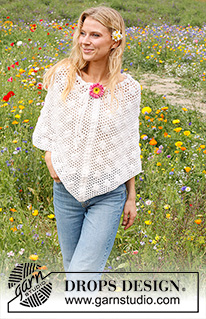 Daisy Droplets / DROPS 229-16 - Crocheted poncho in DROPS Cotton Merino. The piece is worked top down with lace pattern and bobbles. Sizes S - XXXL.