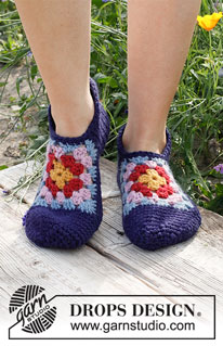 Garden Slippers / DROPS 229-18 - Chaussons crochetés avec carré granny, en DROPS Nepal. Du 35 au 43.