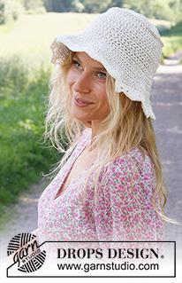 Sunshine Smiles / DROPS 229-29 - Klobouk háčkovaný shora dolů z dvojité příze DROPS Bomull-Lin.