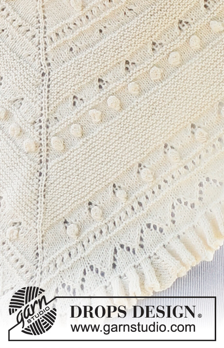 Ruffles Dream / DROPS 229-9 - Ylhäältä alas neulottu huivi DROPS BabyAlpaca Silk -langasta. Työssä on pitsineuletta, nyppyjä ja liehureunus.