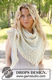 Ruffles Dream / DROPS 229-9 - Ylhäältä alas neulottu huivi DROPS BabyAlpaca Silk -langasta. Työssä on pitsineuletta, nyppyjä ja liehureunus.