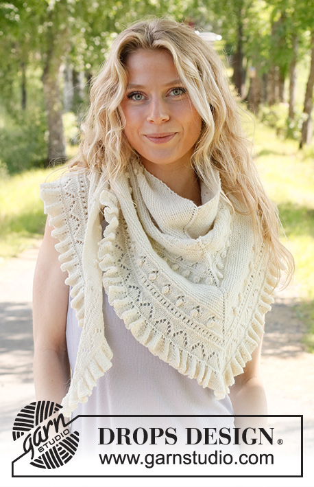 Ruffles Dream / DROPS 229-9 - Ylhäältä alas neulottu huivi DROPS BabyAlpaca Silk -langasta. Työssä on pitsineuletta, nyppyjä ja liehureunus.