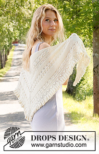 Ruffles Dream / DROPS 229-9 - Ylhäältä alas neulottu huivi DROPS BabyAlpaca Silk -langasta. Työssä on pitsineuletta, nyppyjä ja liehureunus.