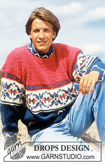 DROPS 23-1 - DROPS men’s jumper with pattern border and cables in “Alaska”. Size S-L.