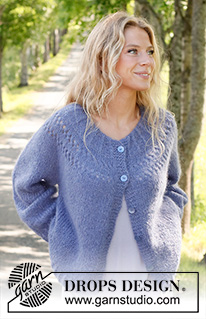 Round Lake Cardigan / DROPS 230-13 - Stickad kofta i DROPS Brushed Alpaca Silk och DROPS Kid-Silk. Arbetet stickas uppifrån och ner med runt ok och hålmönster. Storlek S - XXXL.