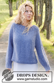 Round Lake / DROPS 230-14 - Stickad tröja i DROPS Brushed Alpaca Silk och DROPS Kid-Silk. Arbetet stickas uppifrån och ner med runt ok och hålmönster. Storlek S - XXXL.