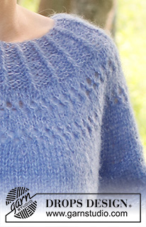 Round Lake / DROPS 230-14 - Stickad tröja i DROPS Brushed Alpaca Silk och DROPS Kid-Silk. Arbetet stickas uppifrån och ner med runt ok och hålmönster. Storlek S - XXXL.
